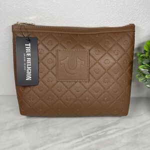 True Religion Cognac Brown Embossed Horseshoe Monogram Cosmetic Makeup Bag Pouch